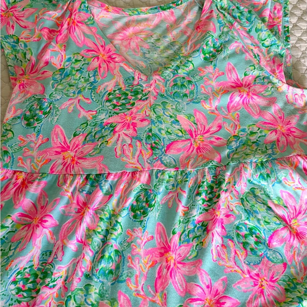Lilly Pulitzer Pink & Blue Floral V-Neck Cap Sleeve dress - Picture 3 of 5